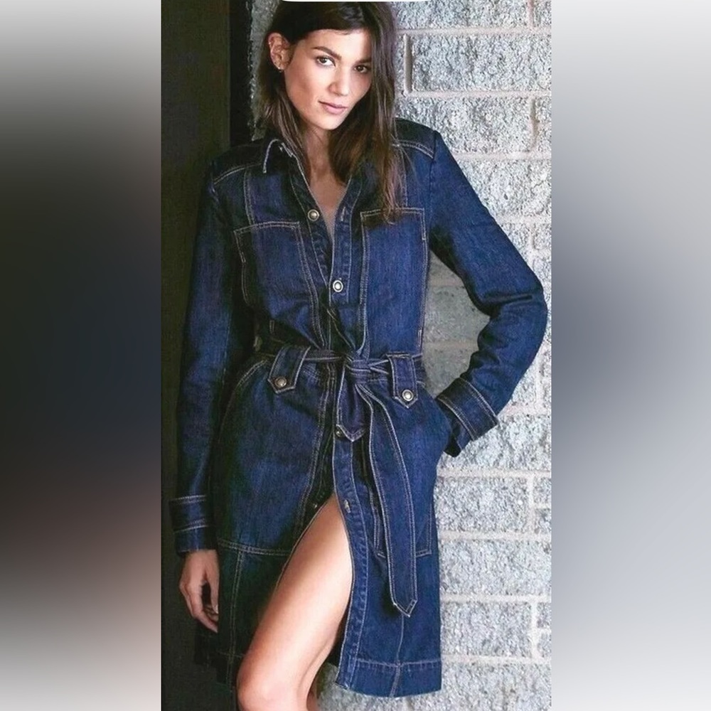 Free People Darker Wash Denim Trench Coat with Tie Waist Size XS